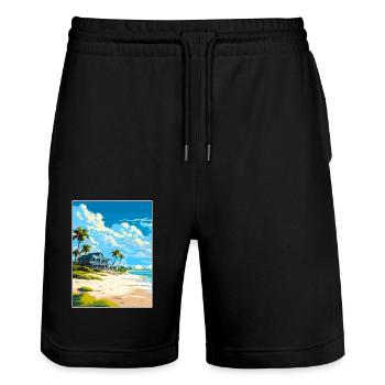 Turks and Caicos Islands Caribbean Travel Poster - Stanley/Stella Trainer Unisex Organic Jogging Shorts - black - Front - Nik (191cm) & Marisol (170cm)