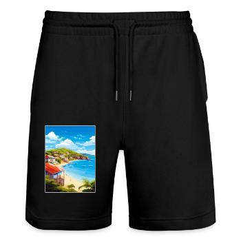 Antigua and Barbuda Caribbean Travel Poster - Stanley/Stella Trainer Unisex Organic Jogging Shorts - black - Front - Nik (191cm) & Marisol (170cm)