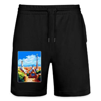 Barcelona Spain Vintage Travel Poster Souvenir WPA - Stanley/Stella Trainer Unisex Organic Jogging Shorts - black - Front - Nik (191cm) & Marisol (170cm)