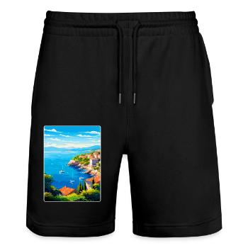 Côte d Azur Frankreich Vintage Reiseplakat Souvenir - Stanley/Stella Unisex Bio Joggingshorts Trainer  - Schwarz - Vorne - Nik (191cm) & Marisol (170cm)
