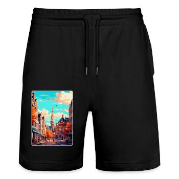 Brussels Belgium Vintage Travel Poster Souvenir - Stanley/Stella Trainer Unisex Organic Jogging Shorts - black - Front - Nik (191cm) & Marisol (170cm)