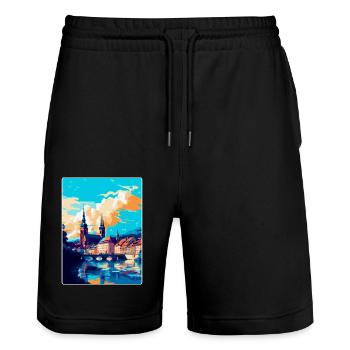 Wurzburg Germany Vintage Travel Poster Souvenir - Stanley/Stella Trainer Unisex Organic Jogging Shorts - black - Front - Nik (191cm) & Marisol (170cm)