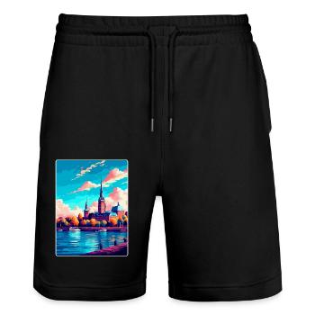 Mainz Germany Vintage Travel Poster WPA Souvenir - Stanley/Stella Trainer Unisex Organic Jogging Shorts - black - Front - Nik (191cm) & Marisol (170cm)