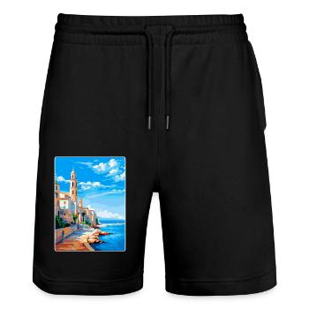 Sitges Spain Vintage Travel Poster WPA Souvenir - Stanley/Stella Trainer Unisex Organic Jogging Shorts - black - Front - Nik (191cm) & Marisol (170cm)