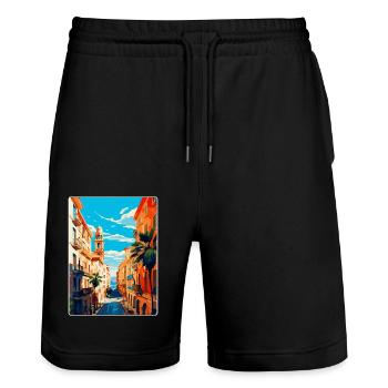Barcelona Spain Vintage Travel Poster Souvenir WPA - Stanley/Stella Trainer Unisex Organic Jogging Shorts - black - Front - Nik (191cm) & Marisol (170cm)
