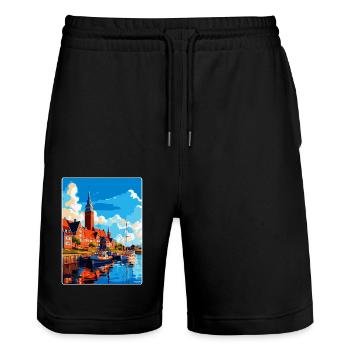 Halmstad Sweden Vintage Travel Poster Souvenir WPA - Stanley/Stella Trainer Unisex Organic Jogging Shorts - black - Front - Nik (191cm) & Marisol (170cm)