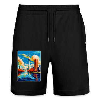 Dusseldorf Germany Vintage Travel Poster Souvenir - Stanley/Stella Trainer Unisex Organic Jogging Shorts - black - Front - Nik (191cm) & Marisol (170cm)