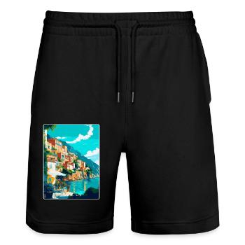 Capri Italien Vintage Reiseplakat WPA Kunst Souvenir - Stanley/Stella Unisex Bio Joggingshorts Trainer  - Schwarz - Vorne - Nik (191cm) & Marisol (170cm)