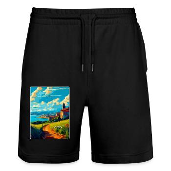 Coruna Spain Vintage Travel Poster WPA Souvenir - Stanley/Stella Trainer Unisex Organic Jogging Shorts - black - Front - Nik (191cm) & Marisol (170cm)
