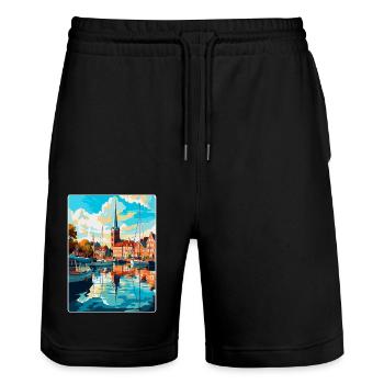 Flensburg Germany Vintage Travel Poster Souvenir - Stanley/Stella Trainer Unisex Organic Jogging Shorts - black - Front - Nik (191cm) & Marisol (170cm)