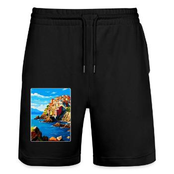 Cinque Terre Italie Affiche de voyage vintage souvenir - Short de jogging bio TRAINER Stanley/Stella unisexe - noir - Devant - Nik (191cm) & Marisol (170cm)