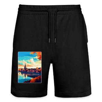 Nijmegen Netherlands Vintage Travel Poster WPA Art - Stanley/Stella Trainer Unisex Organic Jogging Shorts - black - Front - Nik (191cm) & Marisol (170cm)