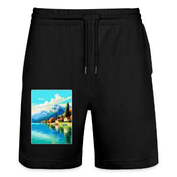 Lac d’Annecy France Affiche de voyage vintage souvenir - Short de jogging bio TRAINER Stanley/Stella unisexe - noir - Devant - Nik (191cm) & Marisol (170cm)