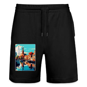 Enkhuizen Niederlande Vintage Reiseposter WPA - Stanley/Stella Unisex Bio Joggingshorts Trainer  - Schwarz - Vorne - Nik (191cm) & Marisol (170cm)