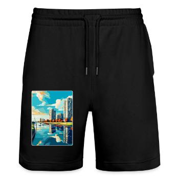 Almere Niederlande Vintage Reiseplakat Souvenir - Stanley/Stella Unisex Bio Joggingshorts Trainer  - Schwarz - Vorne - Nik (191cm) & Marisol (170cm)