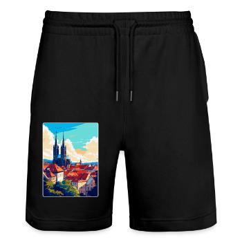 Brünn Tschechische Republik Vintage Reiseplakat Souvenir - Stanley/Stella Unisex Bio Joggingshorts Trainer  - Schwarz - Vorne - Nik (191cm) & Marisol (170cm)