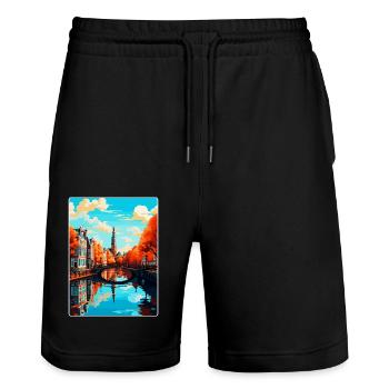 Amsterdam Netherlands Vintage Travel Poster WPA - Stanley/Stella Trainer Unisex Organic Jogging Shorts - black - Front - Nik (191cm) & Marisol (170cm)