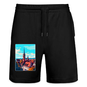 Freiburg Germany Vintage Travel Poster Souvenir - Stanley/Stella Trainer Unisex Organic Jogging Shorts - black - Front - Nik (191cm) & Marisol (170cm)
