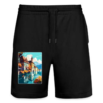 Annecy France Affiche de voyage vintage WPA Souvenir - Short de jogging bio TRAINER Stanley/Stella unisexe - noir - Devant - Nik (191cm) & Marisol (170cm)