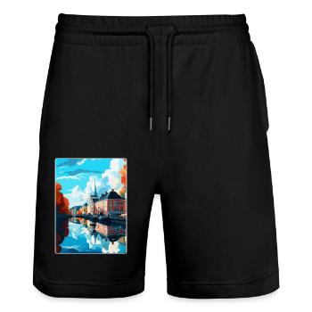 Karlstad Schweden Vintage Reiseplakat Souvenir WPA - Stanley/Stella Unisex Bio Joggingshorts Trainer  - Schwarz - Vorne - Nik (191cm) & Marisol (170cm)