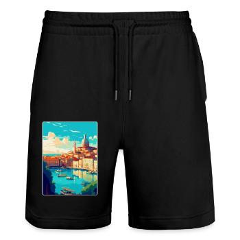 Marseille Frankreich Vintage Reiseplakat Souvenir - Stanley/Stella Unisex Bio Joggingshorts Trainer  - Schwarz - Vorne - Nik (191cm) & Marisol (170cm)