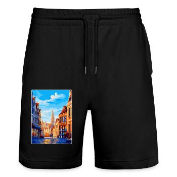 Brussels Belgium Vintage Travel Poster Souvenir - Stanley/Stella Trainer Unisex Organic Jogging Shorts - black - Front - Nik (191cm) & Marisol (170cm)