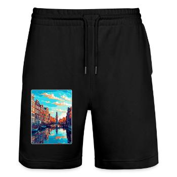 Amsterdam Netherlands Vintage Travel Poster WPA - Stanley/Stella Trainer Unisex Organic Jogging Shorts - black - Front - Nik (191cm) & Marisol (170cm)