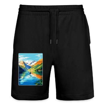 Die Fjorde Norwegen Vintage Reiseplakat Souvenir - Stanley/Stella Unisex Bio Joggingshorts Trainer  - Schwarz - Vorne - Nik (191cm) & Marisol (170cm)