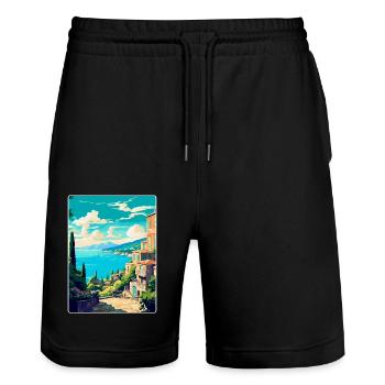 Korfu Griechenland Vintage Reiseplakat WPA Souvenir - Stanley/Stella Unisex Bio Joggingshorts Trainer  - Schwarz - Vorne - Nik (191cm) & Marisol (170cm)