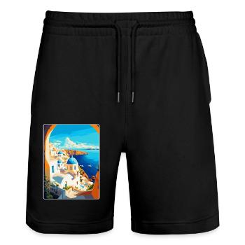 Santorini Griechenland Vintage Reiseplakat Souvenir - Stanley/Stella Unisex Bio Joggingshorts Trainer  - Schwarz - Vorne - Nik (191cm) & Marisol (170cm)