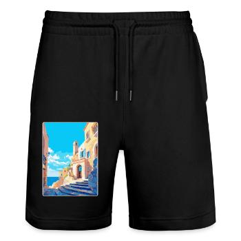 Rhodos Griechenland Vintage Reiseplakat WPA Souvenir - Stanley/Stella Unisex Bio Joggingshorts Trainer  - Schwarz - Vorne - Nik (191cm) & Marisol (170cm)
