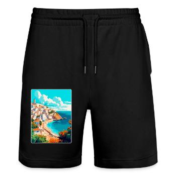 Ibiza Spain Vintage Travel Poster WPA Art Souvenir - Stanley/Stella Trainer Unisex Organic Jogging Shorts - black - Front - Nik (191cm) & Marisol (170cm)