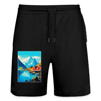Lofoten Islands Norway Vintage Travel Poster WPA - Stanley/Stella Trainer Unisex Organic Jogging Shorts - black - Front - Nik (191cm) & Marisol (170cm)