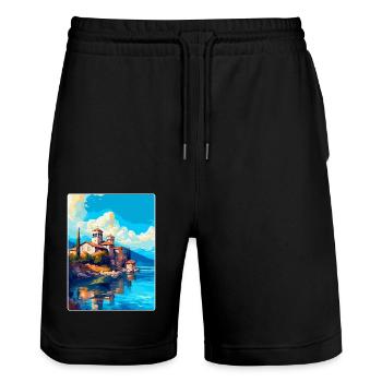 Ohrid Macédoine du Nord Affiche de voyage vintage WPA - Short de jogging bio TRAINER Stanley/Stella unisexe - noir - Devant - Nik (191cm) & Marisol (170cm)