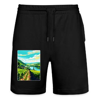 Affiche de voyage vintage de la vallée de la Moselle en Allemagne WPA - Short de jogging bio TRAINER Stanley/Stella unisexe - noir - Devant - Nik (191cm) & Marisol (170cm)
