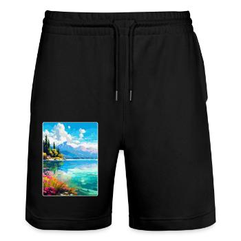 Lac d’Annecy France Affiche de voyage vintage souvenir - Short de jogging bio TRAINER Stanley/Stella unisexe - noir - Devant - Nik (191cm) & Marisol (170cm)