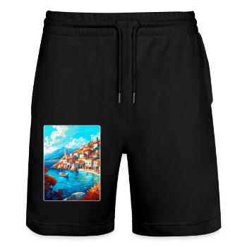 Hydra Greece Vintage Travel Poster WPA Souvenir - Stanley/Stella Trainer Unisex Organic Jogging Shorts - black - Front - Nik (191cm) & Marisol (170cm)