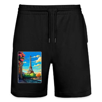 Paris France Vintage Poster Voyage WPA Souvenir - Short de jogging bio TRAINER Stanley/Stella unisexe - noir - Devant - Nik (191cm) & Marisol (170cm)