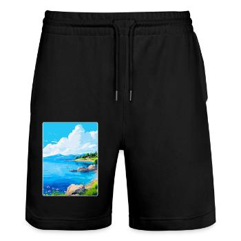Affiche de voyage vintage de l’île de Meganisi en Grèce WPA - Short de jogging bio TRAINER Stanley/Stella unisexe - noir - Devant - Nik (191cm) & Marisol (170cm)