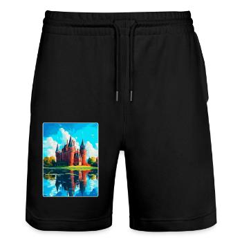 Château de Haar Pays-Bas Affiche de voyage vintage - Short de jogging bio TRAINER Stanley/Stella unisexe - noir - Devant - Nik (191cm) & Marisol (170cm)