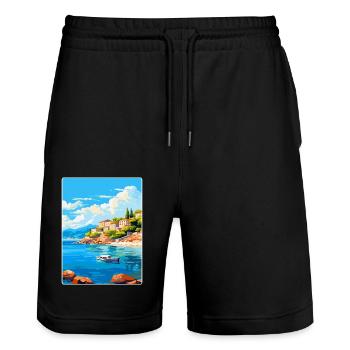 Affiche de voyage vintage de l’île d’Agistri en Grèce WPA - Short de jogging bio TRAINER Stanley/Stella unisexe - noir - Devant - Nik (191cm) & Marisol (170cm)