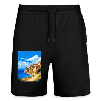 Péninsule de Mani Grèce Affiche de voyage vintage WPA - Short de jogging bio TRAINER Stanley/Stella unisexe - noir - Devant - Nik (191cm) & Marisol (170cm)