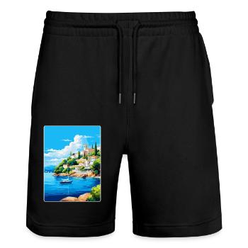 Porto Heli Griechenland Vintage Reiseplakat Souvenir - Stanley/Stella Unisex Bio Joggingshorts Trainer  - Schwarz - Vorne - Nik (191cm) & Marisol (170cm)