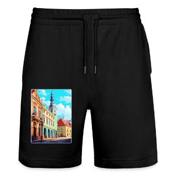 Zamosc Pologne Affiche de voyage vintage WPA Souvenir - Short de jogging bio TRAINER Stanley/Stella unisexe - noir - Devant - Nik (191cm) & Marisol (170cm)