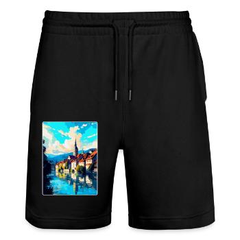 Schaffhausen Switzerland Vintage Travel Poster WPA - Stanley/Stella Trainer Unisex Organic Jogging Shorts - black - Front - Nik (191cm) & Marisol (170cm)