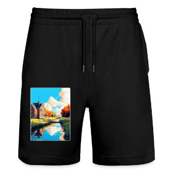Uitgeest Netherlands Vintage Travel Poster WPA Art - Stanley/Stella Trainer Unisex Organic Jogging Shorts - black - Front - Nik (191cm) & Marisol (170cm)