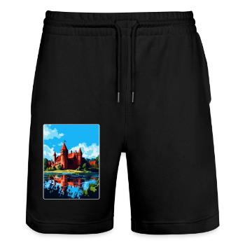 Château de Malbork Pologne Affiche de voyage vintage WPA - Short de jogging bio TRAINER Stanley/Stella unisexe - noir - Devant - Nik (191cm) & Marisol (170cm)