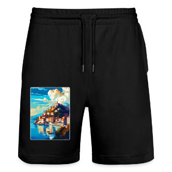 Kavala Grèce Vintage Affiche de voyage WPA Souvenir - Short de jogging bio TRAINER Stanley/Stella unisexe - noir - Devant - Nik (191cm) & Marisol (170cm)