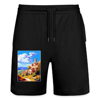 Llagostera Spain Vintage Travel Poster Souvenir - Stanley/Stella Trainer Unisex Organic Jogging Shorts - black - Front - Nik (191cm) & Marisol (170cm)
