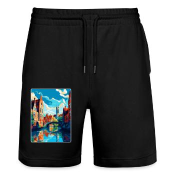 Bruges Belgique Affiche de voyage vintage Souvenir WPA - Short de jogging bio TRAINER Stanley/Stella unisexe - noir - Devant - Nik (191cm) & Marisol (170cm)